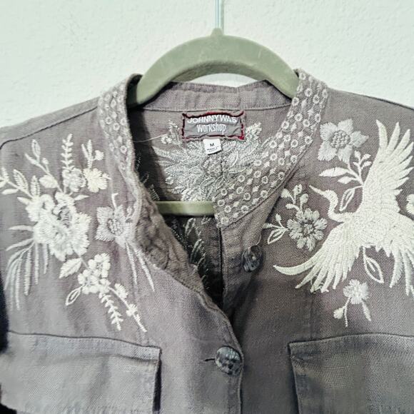 Johnny Was Workshop Oleander Linen Jacket Grey Safari Embroidered Women Medium - Picture 6 of 16